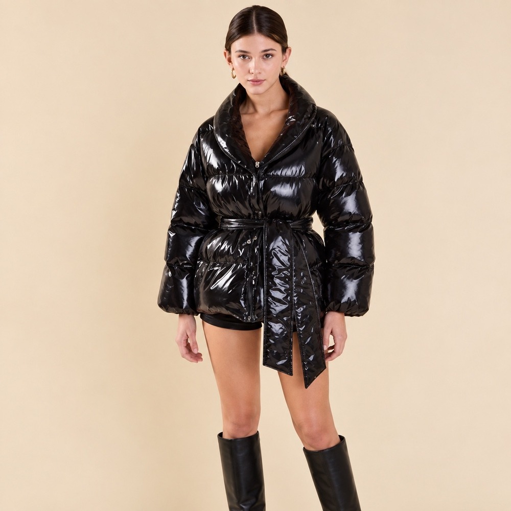 NEW Endless Rose Shiny Black Puffer Jacket Tie Waist Shawl Collar Small